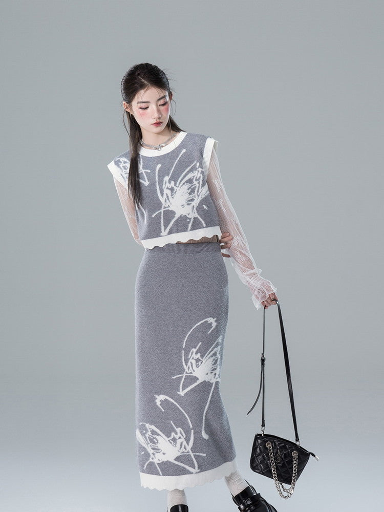 Vest&amp;Long-Skirt Knit Butterfly Retro Bi-Color Set-Up