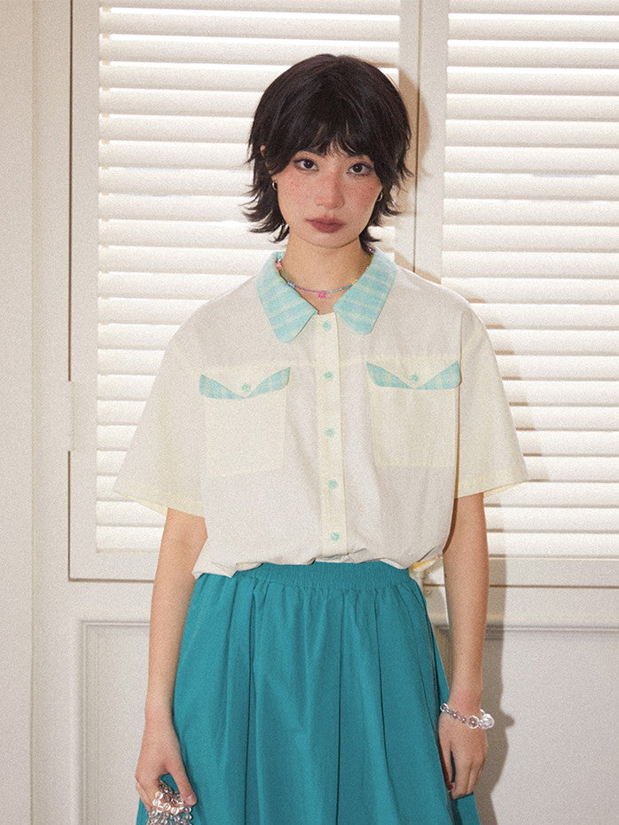 Checked Girly Retro Natural Half-Sleeve Shirt