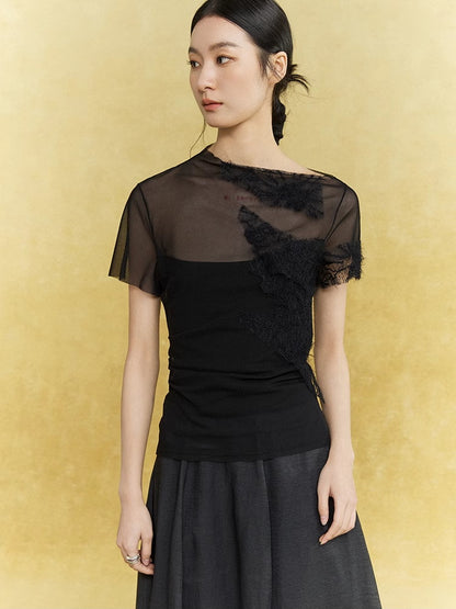 Asymmetry Sheer Mesh Nichi Lace Elegamt Chic Tops