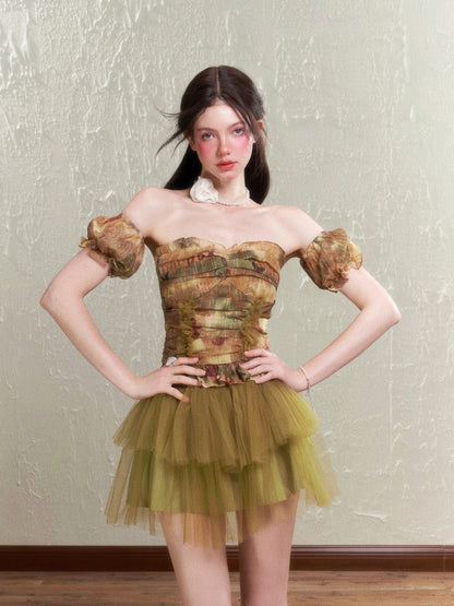 Retro Chic Rose Tulle Frill Tube-Top&amp;Mini-Skirt