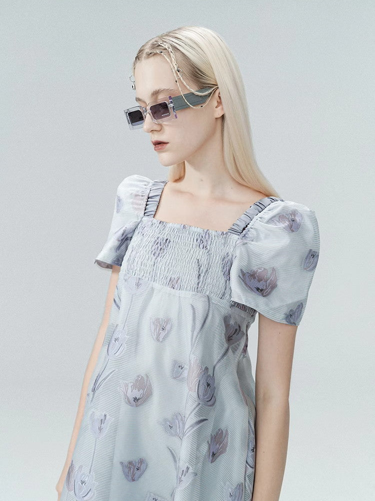 Flare Ciffon Puff-Sleeve Flower Sheer Square-Neck Dress