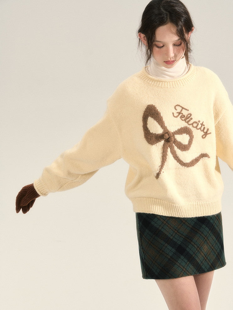 Ribbon Cute Crew-Neck Sweater Knit