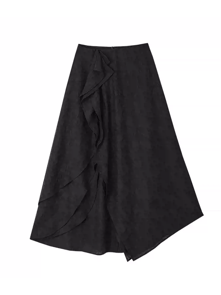 Wrap Nichi Asymmetry Ruffle Wrinkled Classy Long-Skirt