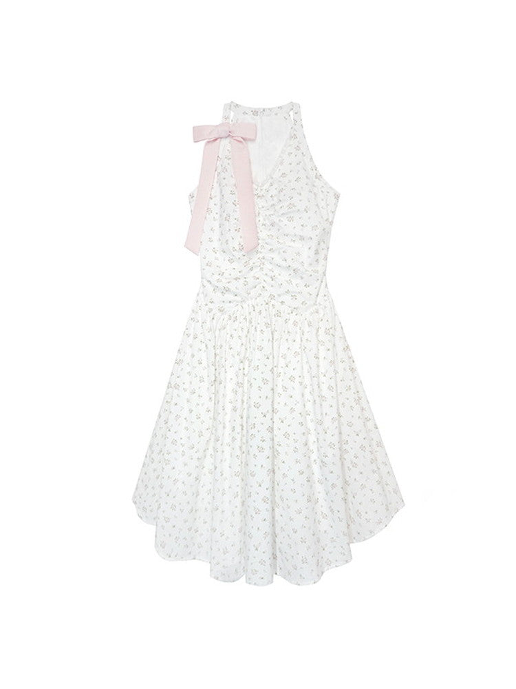 No-Sleeve V-Neck Flwoer Gather Ribbon Cute Dress