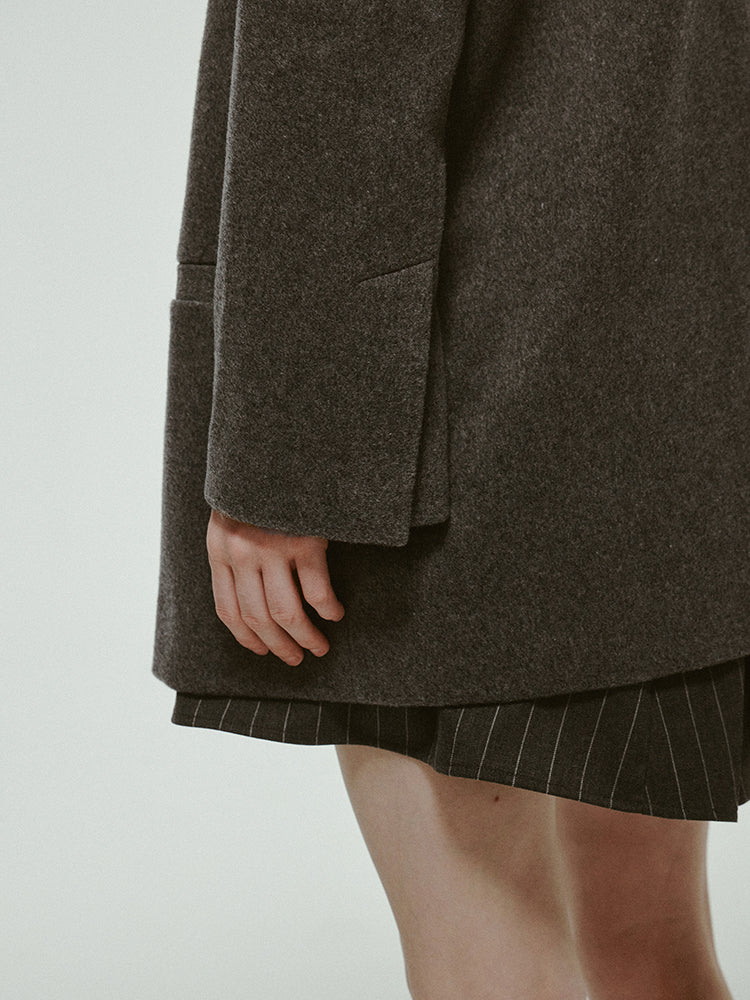 No-Collar V-Neck Oversize Plain Wool Jacket