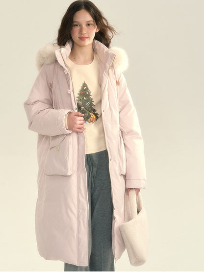 Fur-Hood Cotton Plain Simple Chic Down-Coat