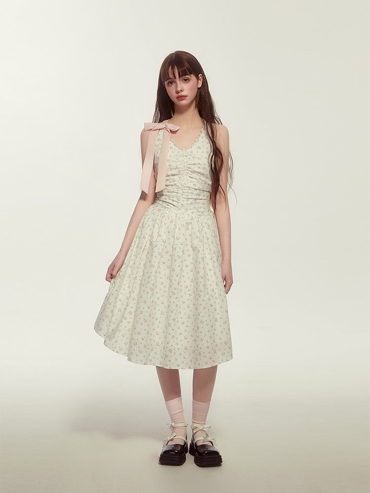 No-Sleeve V-Neck Flwoer Gather Ribbon Cute Dress