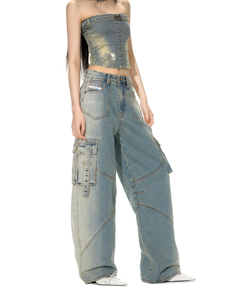 Denim Wide-Leg Straight Casual Side-Pocket Belt Pants