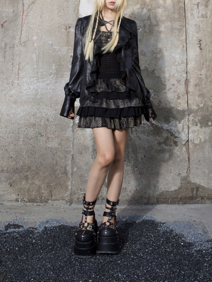 Candy-Sleeve Glossy Gothic Long-Sleeve Blouse