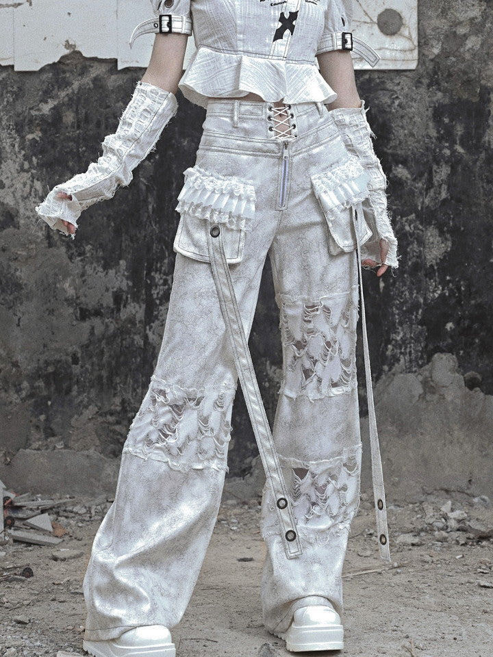 Gothic Damege Frill Side-Pocket Vintage Lace-Up Lace Wide-Pants