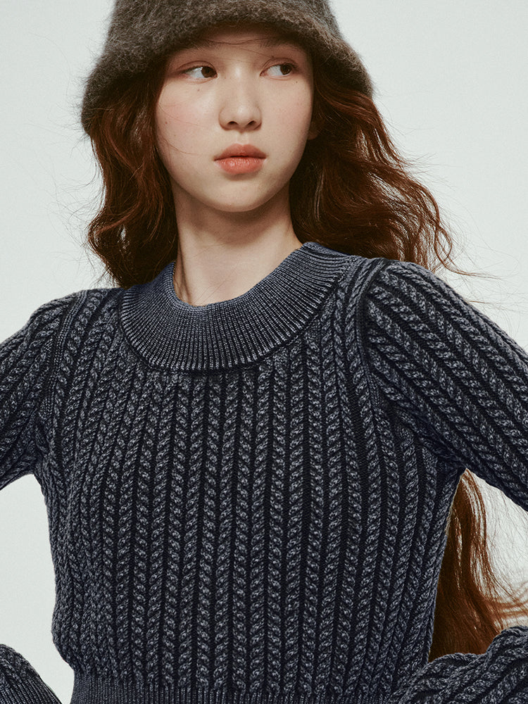 Denim-Blue Short Cable-Knit Retro Round-Neck Tops