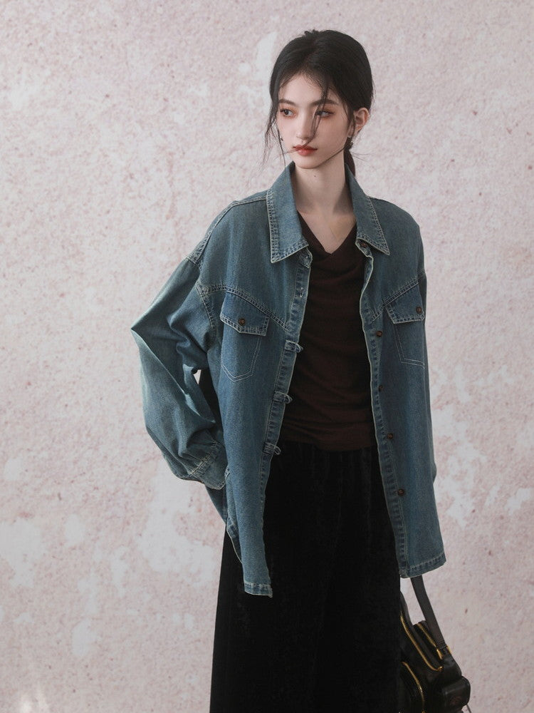 Casual Vintage Oversize Drop-Shoulder Denim-Jacket