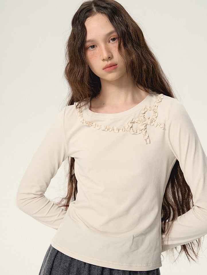 Ribbon Frill Round-Neck Natural Simple Cutsew