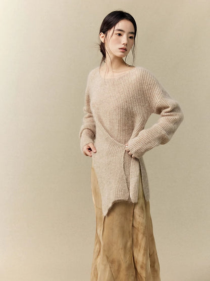 Asymmetry Slit Nichi Side-Button Simple Classy Rib-Knit