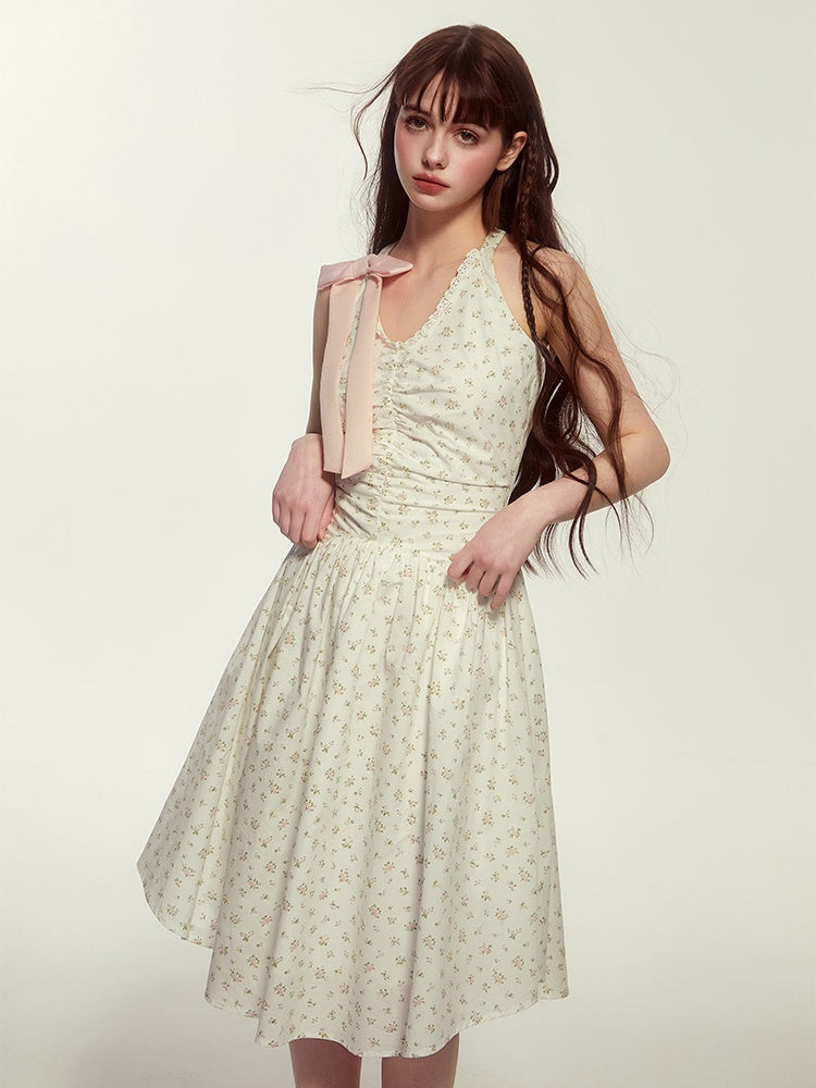 No-Sleeve V-Neck Flwoer Gather Ribbon Cute Dress