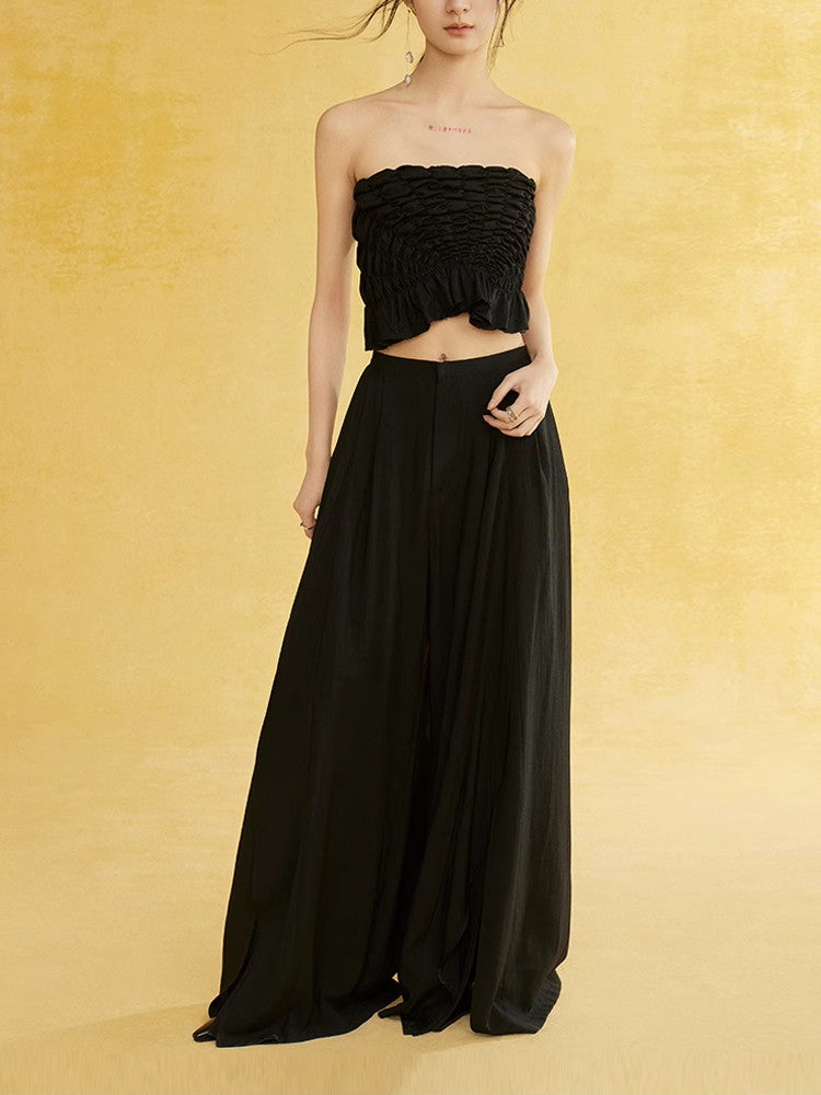 Natural Slit Wide-Leg Wrinkled Plain Flare-Pants