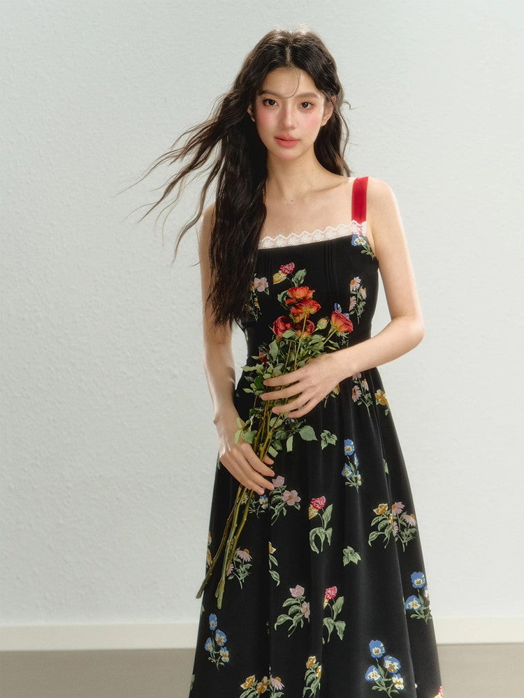 Shoulder-Ribbon Long Flower Lace Feminine Dress