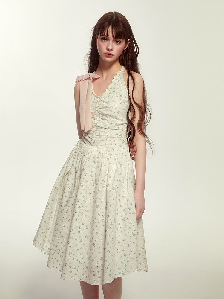 No-Sleeve V-Neck Flwoer Gather Ribbon Cute Dress