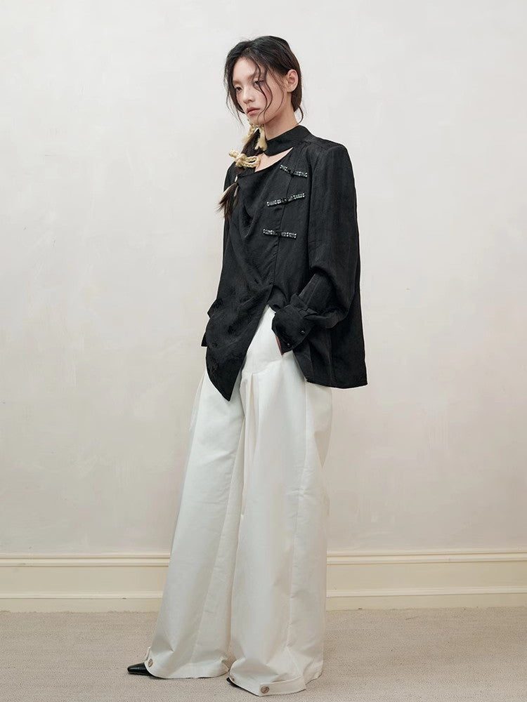 Flower Embroidery Satin China Oversize Shirt