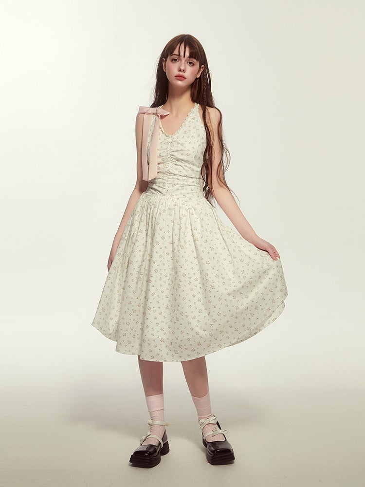 No-Sleeve V-Neck Flwoer Gather Ribbon Cute Dress