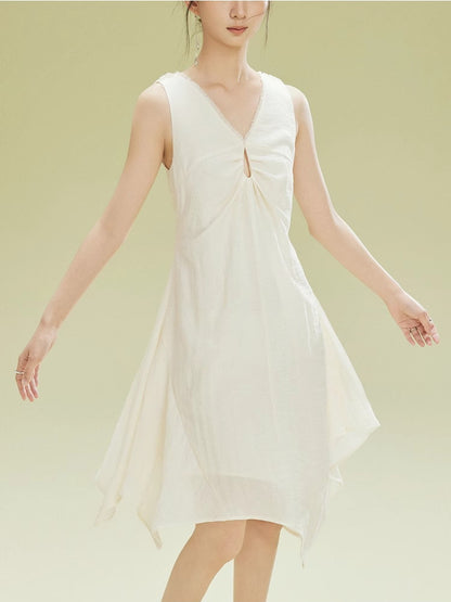 Twist Bo-Sleeve Gather Asymmetry Sheer Dress