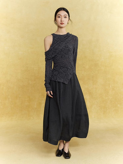 Open-Shoulder Flower Mesh Sheer Asymmetry Knit