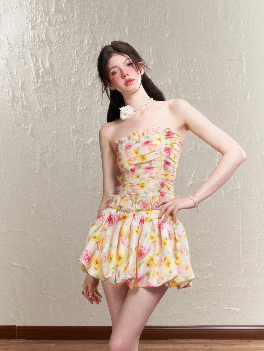 Flower Rose Colorful Gather Tube-Top&amp;Mini-Skirt