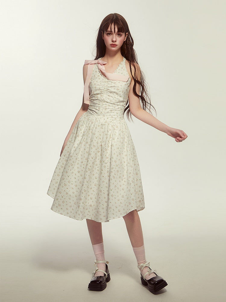 No-Sleeve V-Neck Flwoer Gather Ribbon Cute Dress