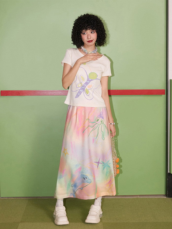 Marble Handwrite Unique Crayon Long-Skirt