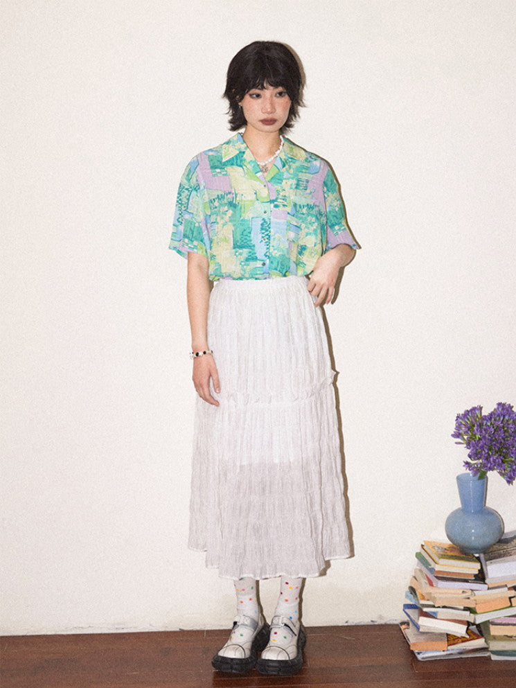 Embroidery Tiered Flare Wrinkled Chic Long-Skirt