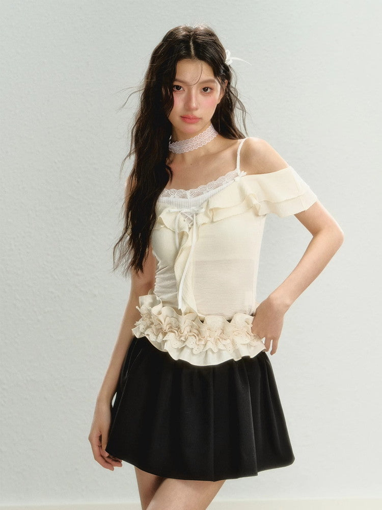 Off-Shoulder Lace 2Way Ruffle Tops