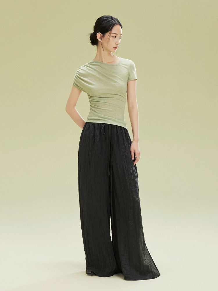 Crumply Wrinkled Casual Loose Relax Wide-Pants