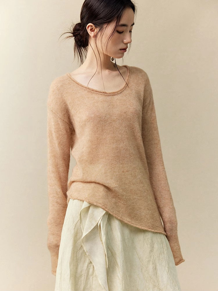 Asymmetry U-Neck Slim Simple Thin Classy Knit