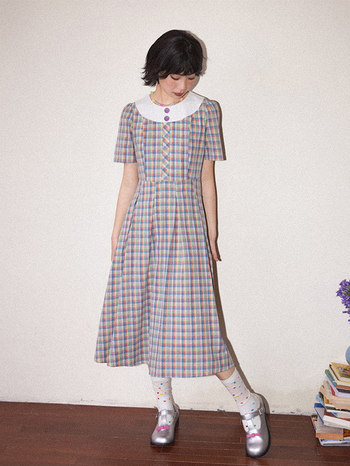 Checked Girly Retro Colorful Flare Long One-Piece