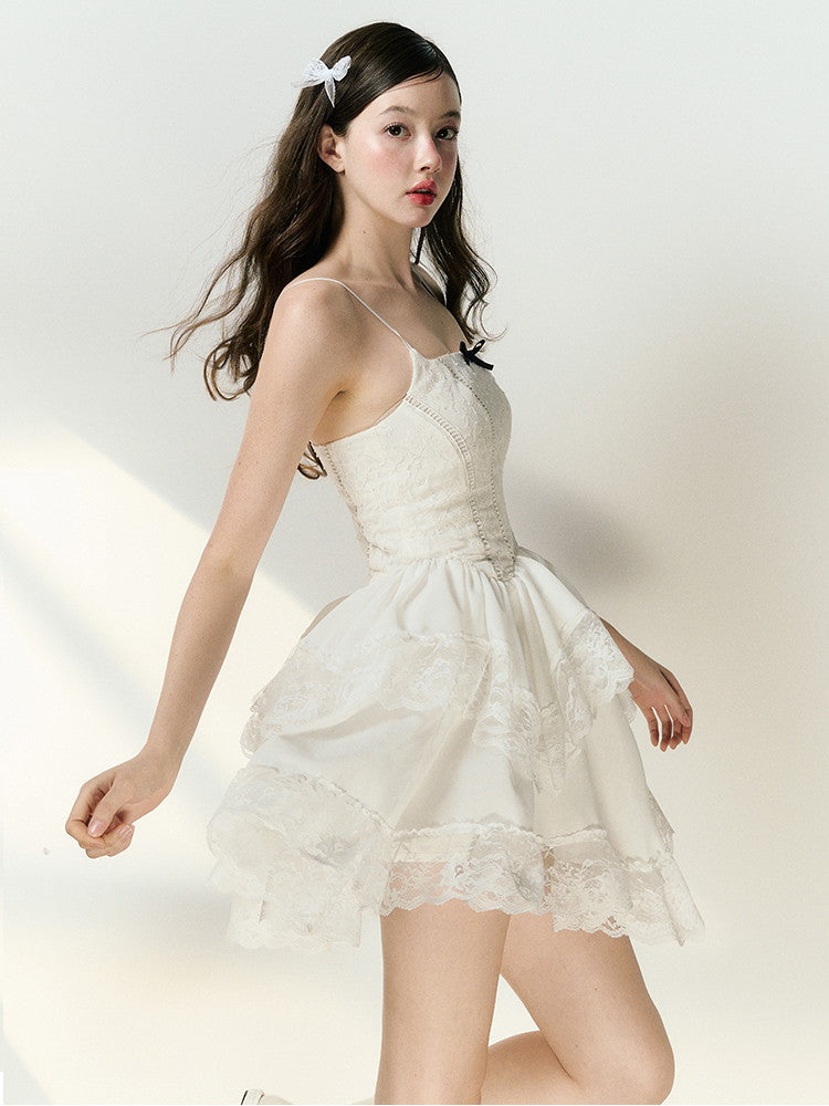 Camisole Lace Feminine Flower Tiered Short Dress