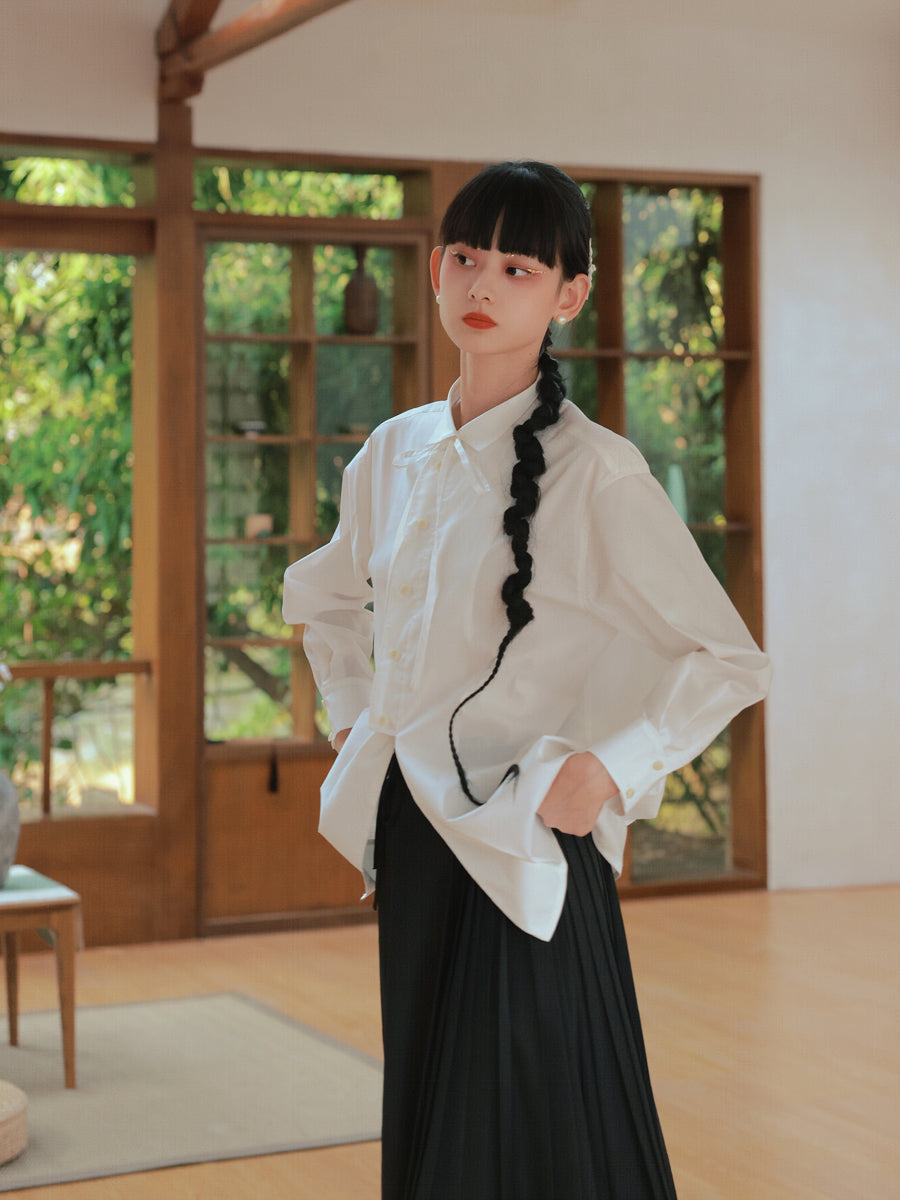 Nichi-Button Ribon Tie Oversize Flare Shirt