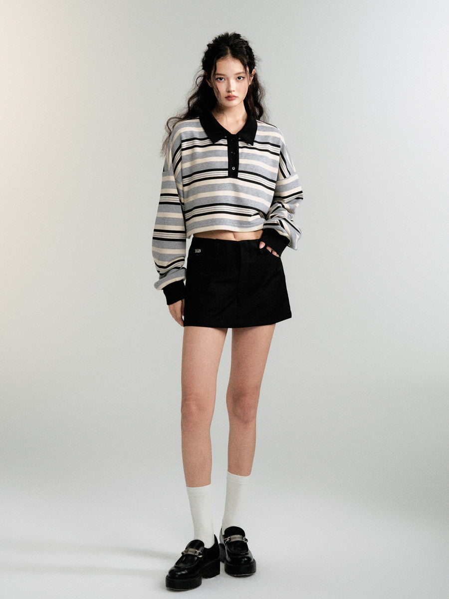 Polo-Neck Border Balloon-Sleeve Loose Knit