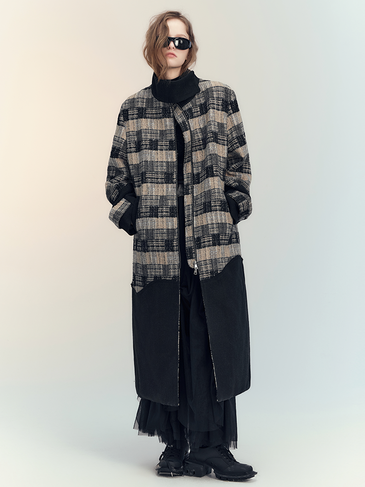 Patchwork Retro Stand-Collar Coat Long-Jacket