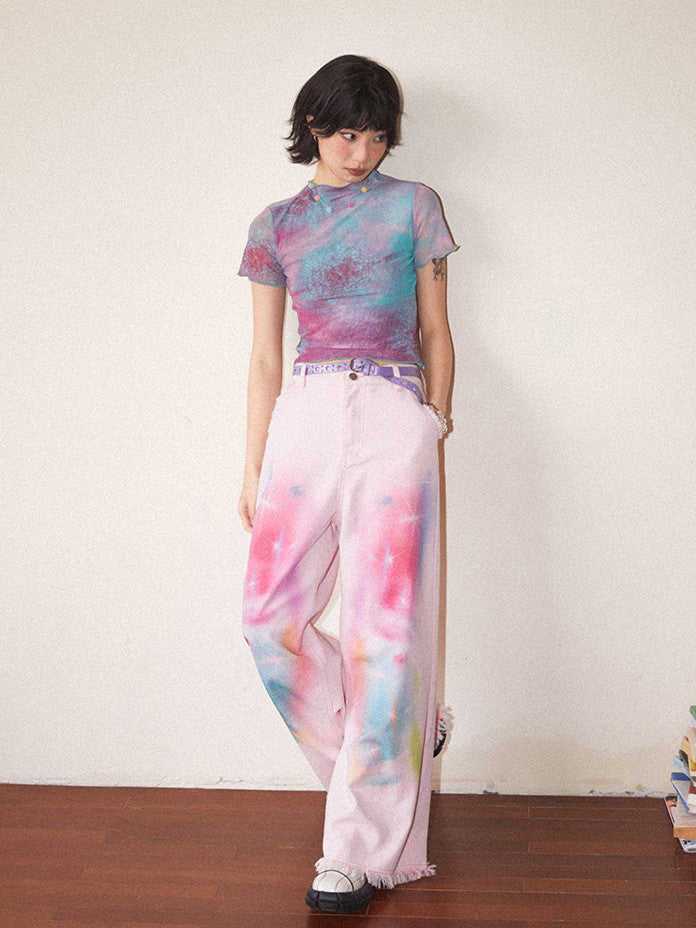 Tie-Dye Pale-Tone Damage Cotton-Candy Tassel Casual Straight Denim-Pants