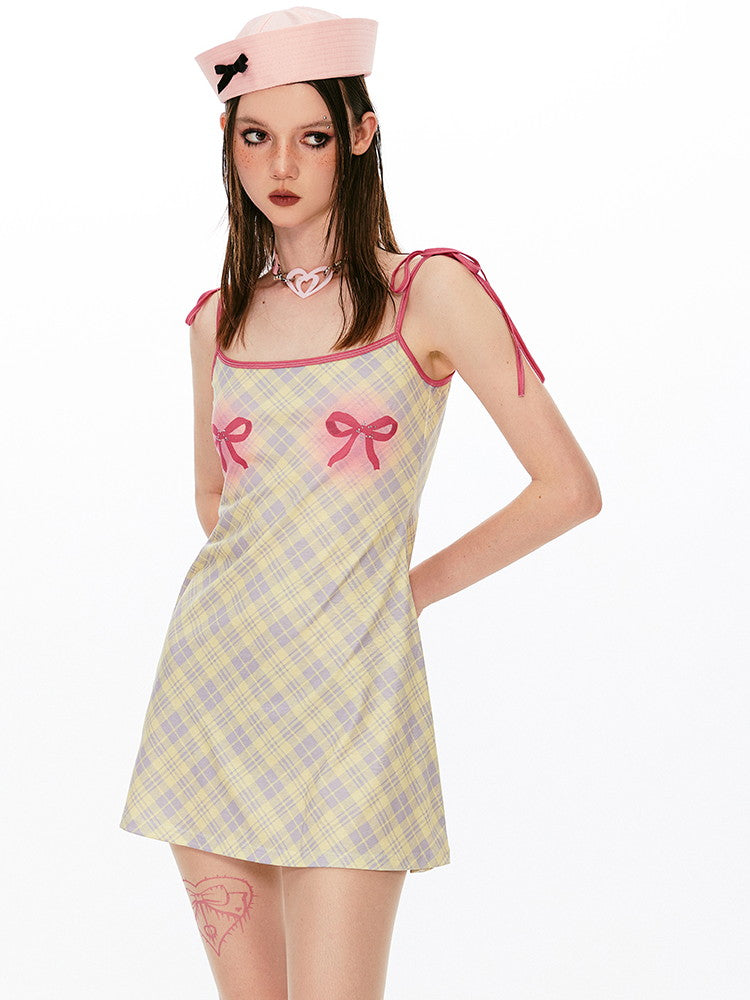 Checked Ribbon Girly Cute Camisole Dress