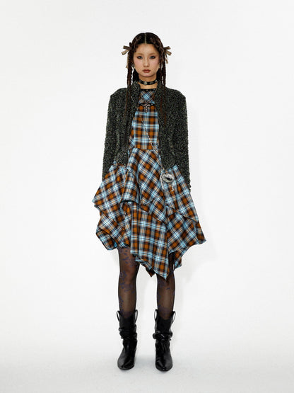 Checked Asymmetry Hem-Skirt Fluffiy One-Piece