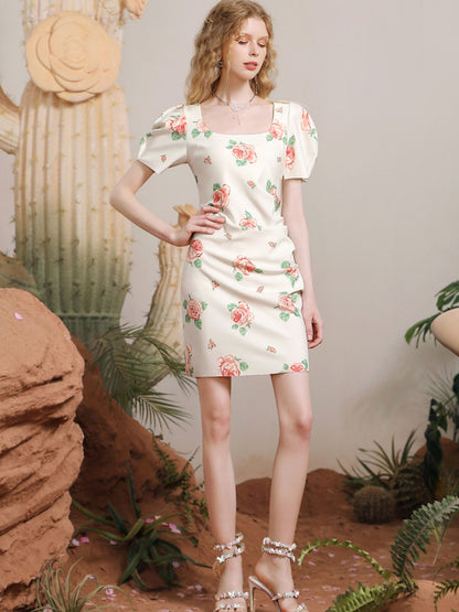 Rose Classy Feminine Dress Puff-Sleeve One-Piece