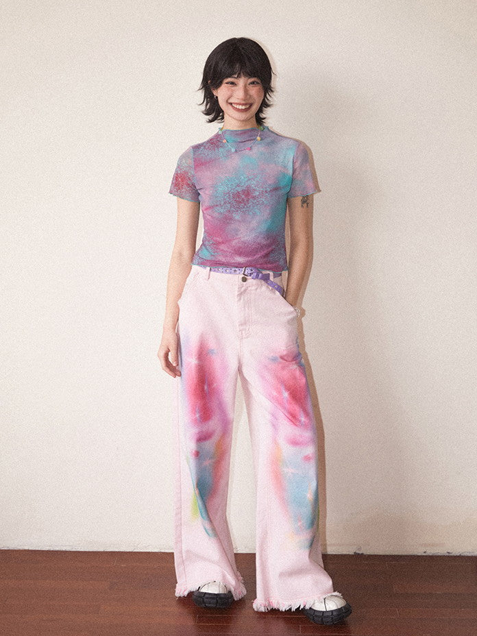 Tie-Dye Pale-Tone Damage Cotton-Candy Tassel Casual Straight Denim-Pants