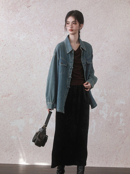 Casual Vintage Oversize Drop-Shoulder Denim-Jacket