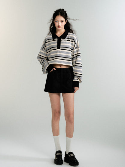 Polo-Neck Border Balloon-Sleeve Loose Knit