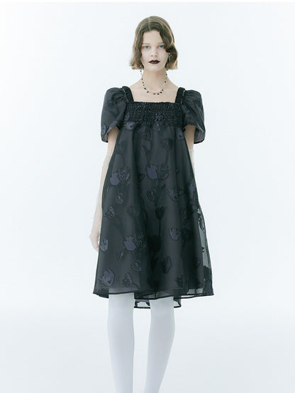 Flare Ciffon Puff-Sleeve Flower Sheer Square-Neck Dress