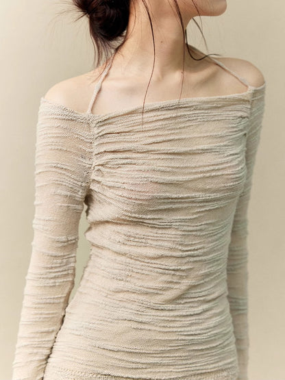 Wrinkled Sheer Gather Nichi Tight Halter-Neck Off-Shoulder Classy Knit