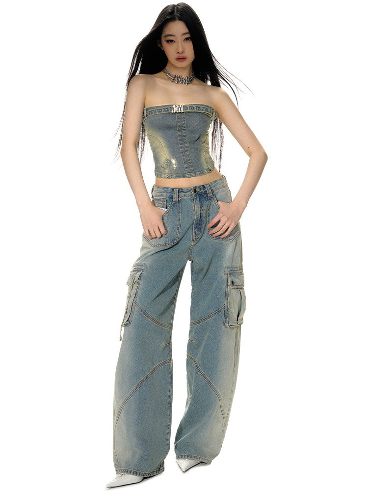 Denim Wide-Leg Straight Casual Side-Pocket Belt Pants