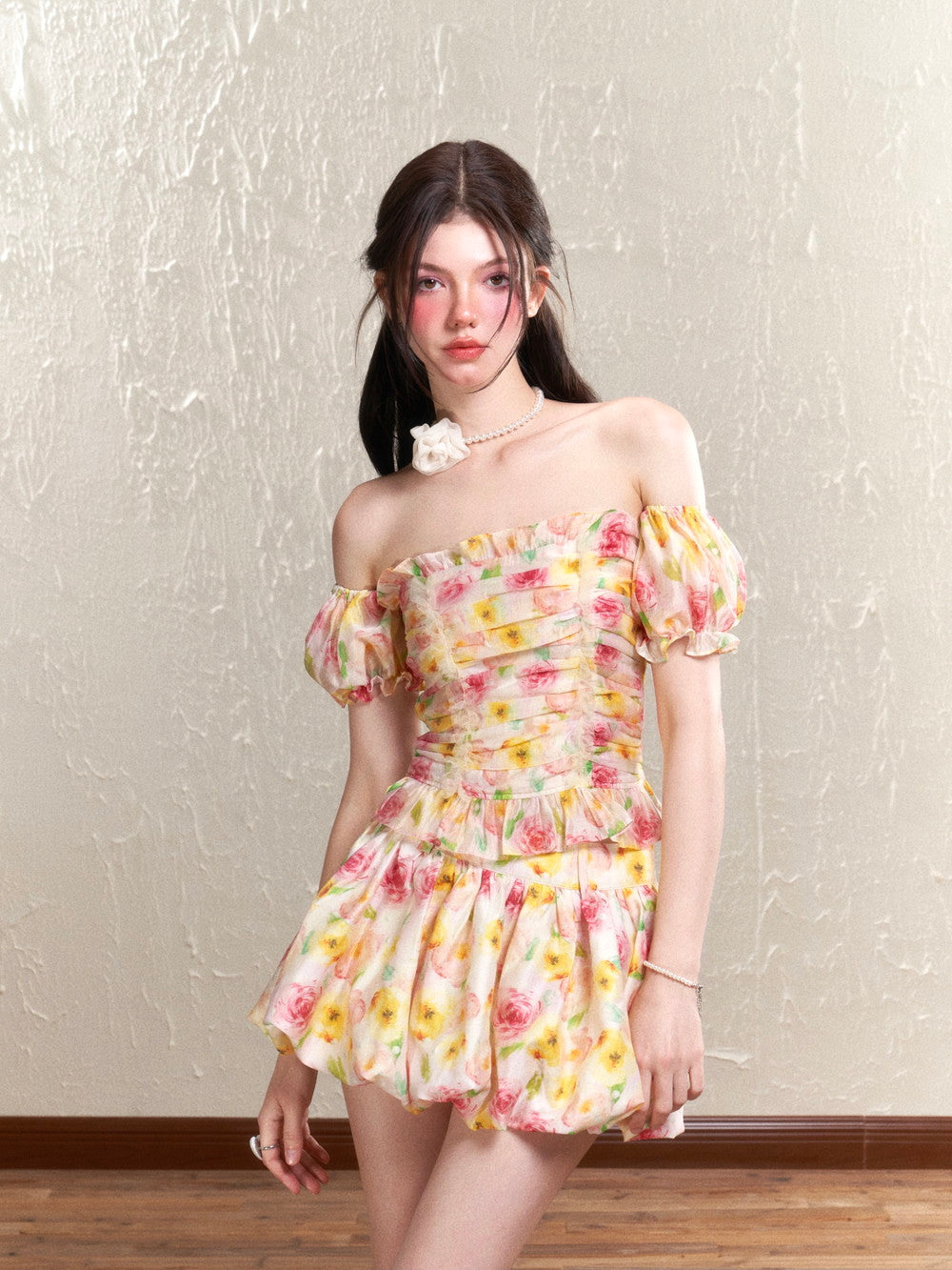 Flower Rose Colorful Gather Tube-Top&amp;Mini-Skirt