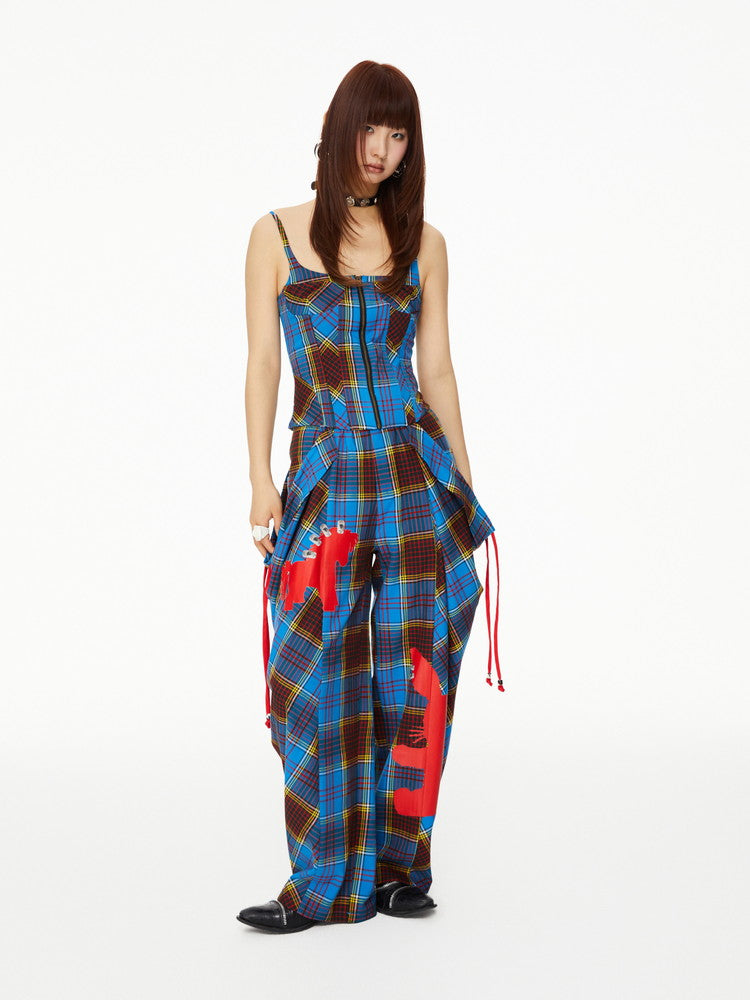 Checked Retro Girly Rabbit Silhouette Wide-Leg Nichi Casual Pants